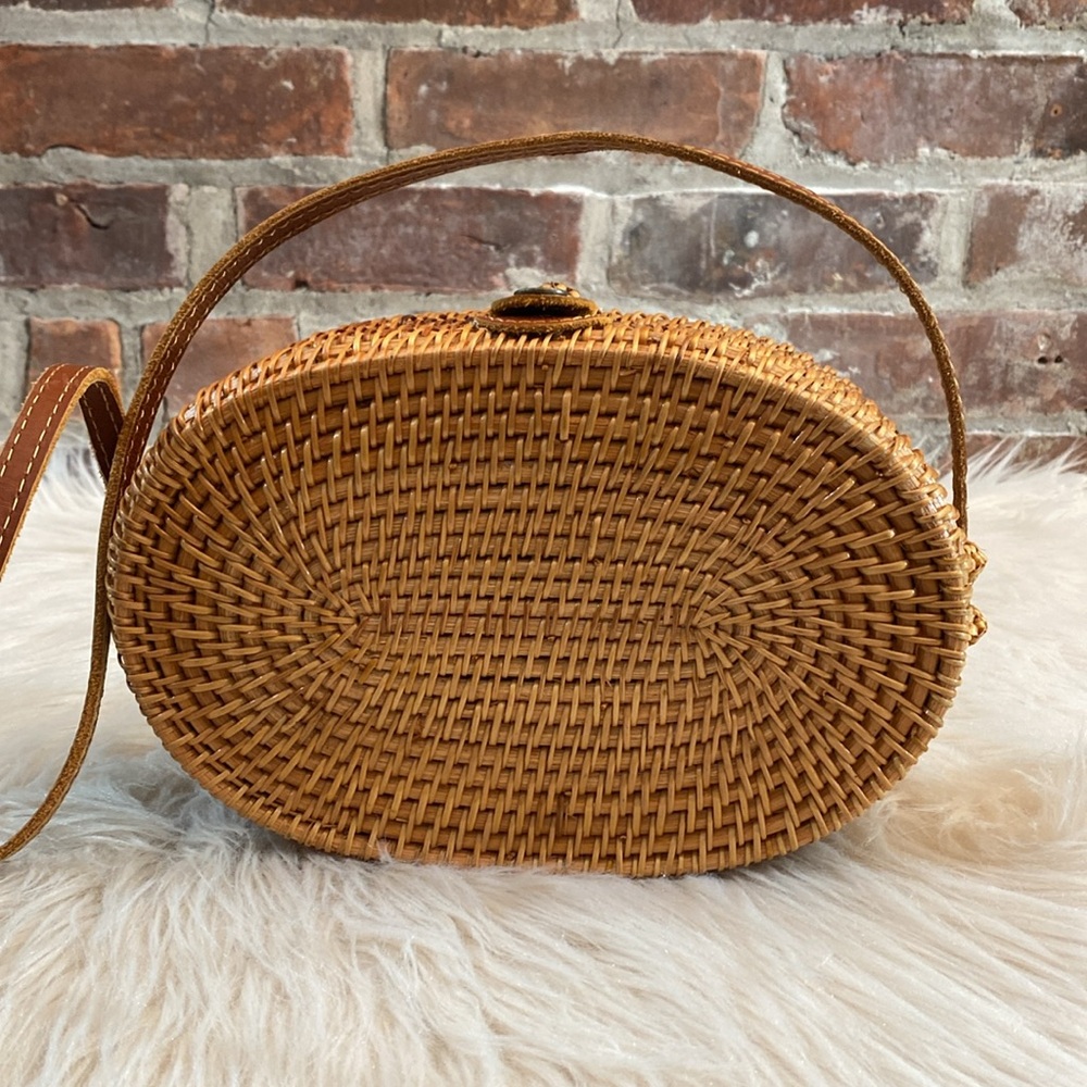 Oval Woven Rattan Bag with Long Leather Strap - Picture 4 of 16